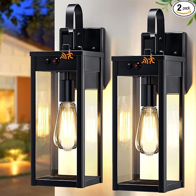 17'' Solar Porch Lights Outdoor 2 Packs, Waterproof Motion Lights for Outside, Black Dusk to Dawn Outdoor Lighting Modern Wall Sconce Lantern, Exterior Lighting Fixtures for House Patio Garage