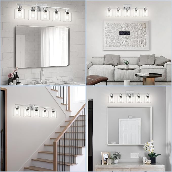 Modern Brushed Nickel 5 Light Bathroom Vanity Light, 31 inch Bathroom Light Fixtures with Clear Glass for Mirror Kitchen Living Room Hallway Cabinet Porch
