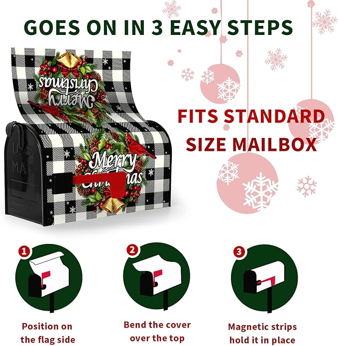 Merry Christmas Mailbox Covers Magnetic Standard Size Winter Buffalo Plaid Mailbox Post Cover Xmas Snowflake Mailbox Wraps Holiday Mailbox Decor Waterproof 21 X18 Inch