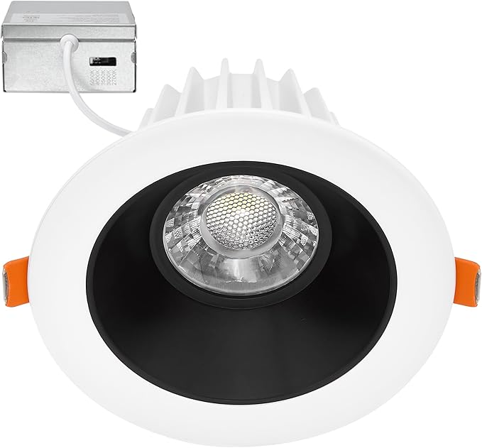 Maxxima 4 in. Ultra-Thin Recessed Anti-Glare LED Downlight - Canless IC Rated, 1200 Lumens, 5 Color Temperature Selectable 2700K/3000K/3500K/4000K/5000K, Dimmable Round White Trim Black Baffle, 90 CRI