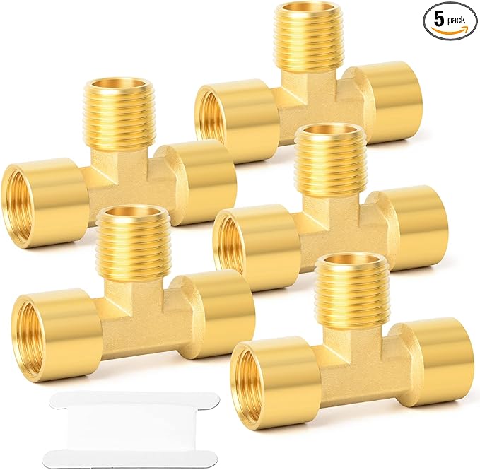GASHER 5PCS Metals Brass Pipe Fitting Barstock Male Branch Tee T Adapter 1/4" Female x 1/4" NPT Female x 1/4" NPT Male