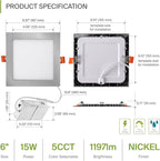 ASD 6 Pack LED Square Recessed Lighting 6 Inch, 5 CCT 2700K-5000K, 15W 60W Eqv, Ultra Thin Dimmable Ceiling Lights with J Box, Canless Wafer Downlight, Slim Panel Light, UL Energy Star, Brushed Nickel