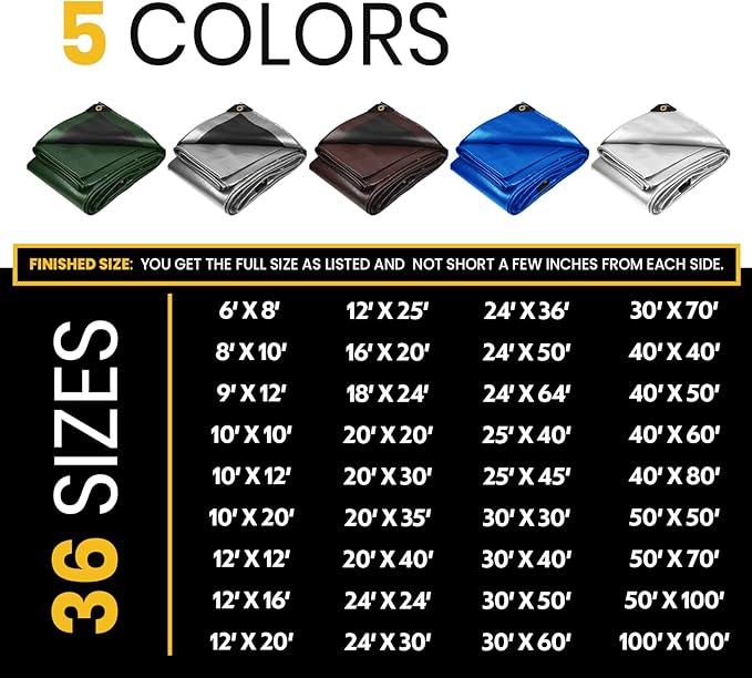 PROTARP Extra Heavy Duty 16 Mil Tarp Cover, Waterproof, UV Resistant, Rip and Tear Proof, Poly Tarpaulin with Reinforced Edges for Roof, Camping, Patio, Pool, Boat. (Silver/Black 10′ X 20′)