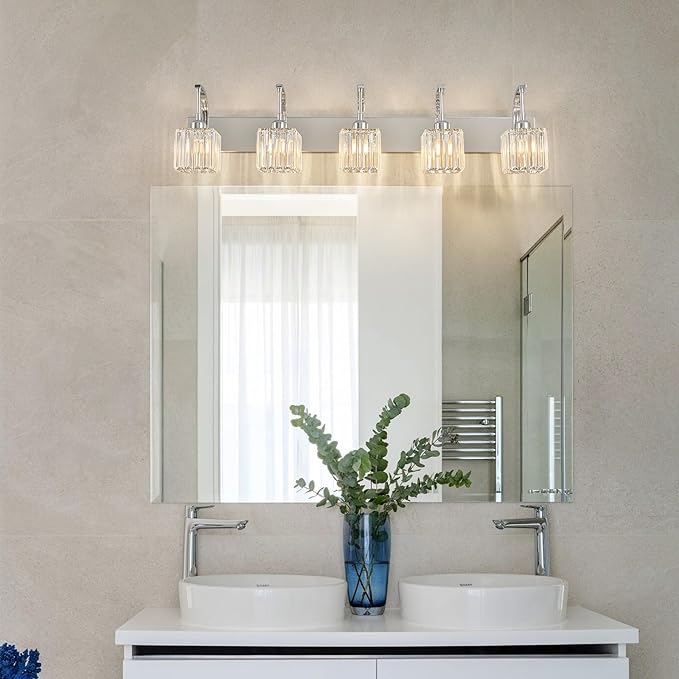 Crystal Vanity Lights 5-Light Chrome Bathroom Vanity Lights Modern Crystal Bathroom Light Fixtures Over Mirror 42.51" Long Vanity Light for Bathroom