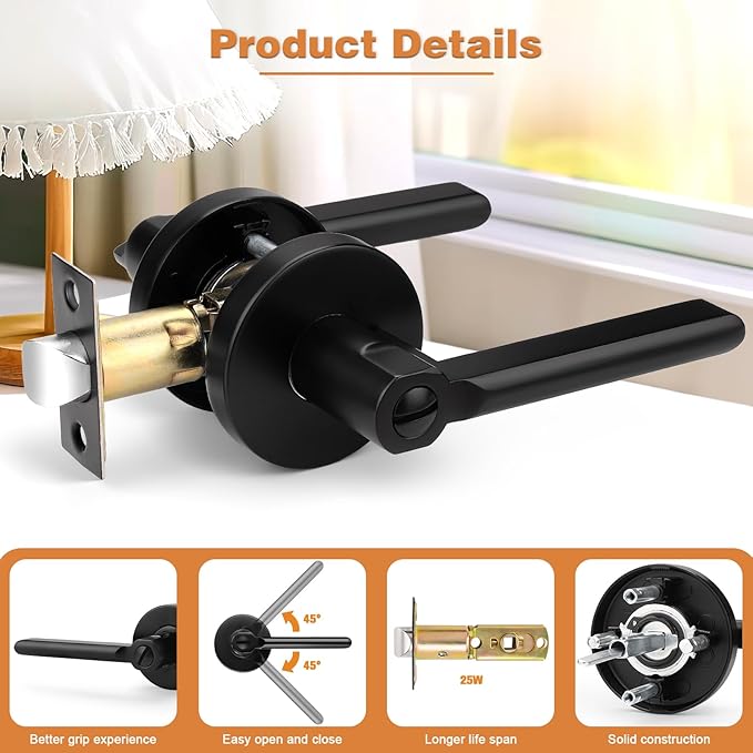 Probrico Privacy Door Handles for Bedroom and Bathroom Black Interior Door Handles, Keyless Privacy Door Lever Reversible, 6 Pack