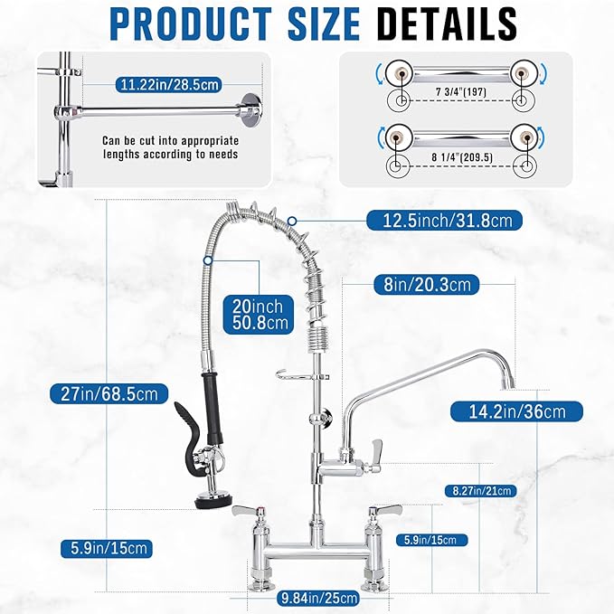 27" Height Commercial Sink Faucet Deck Mount with Pre-Rinse Sprayer, Commercial Kitchen Faucet with 10" Add-on Swing Spout Faucet & Spring Pull Down Sprayer, 8" Adjustable Center Kitchen Faucet