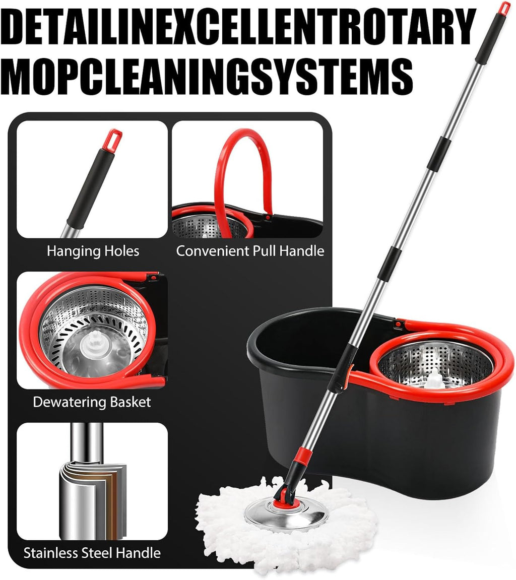 Spin Mop and Bucket with Wringer Set,360° Mop and Bucket System with 3 Microfiber Mop Refills and 50" Extended Handle for Floor Cleaning (Black)