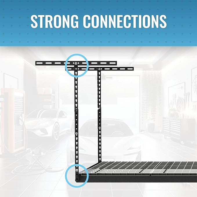 MonsterRax Overhead Garage Storage Racks 3x8’ Ceiling Mounted Shelving, Adjustable Hanging Organizer, Heavy Duty Steel, Holds 500 Pounds, Color: White, Adjustable from 24"-45" off the Ceiling