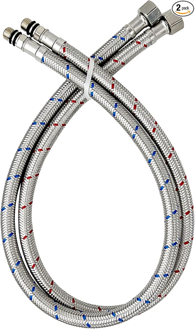 24" Length Bathroom Kitchen Faucet Connector Water Supply Line, Durable Braided Steel Hot and Cold Water Lines Faucet Hose 3/8" female compression thread x M10 male connector