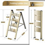 4 Step Ladder, Portable Step Folding, Lightweight Step Ladder with Anti-Slip Pedal, Aluminum Indoor Ladder and Closet, Kitchen - Champagne Gold