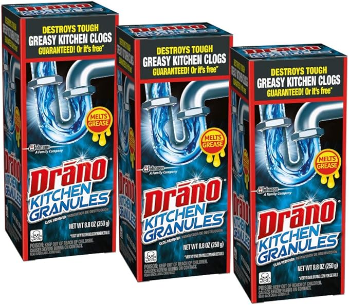 Drano Kitchen Granules Drain Clog Remover and Cleaner, Unclogs Blockage from Grease or Cooking Oil, 8.8 oz (Pack of 3)