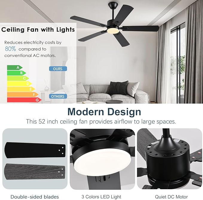 52 inch Modern Ceiling Fans with Lights APP/Remote Control, Low Profile Reversible 6 Speeds Ceiling Fan Light for Indoor/Outdoor Patio Bedroom Living Room,Black