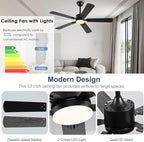 52 inch Modern Ceiling Fans with Lights APP/Remote Control, Low Profile Reversible 6 Speeds Ceiling Fan Light for Indoor/Outdoor Patio Bedroom Living Room,Black