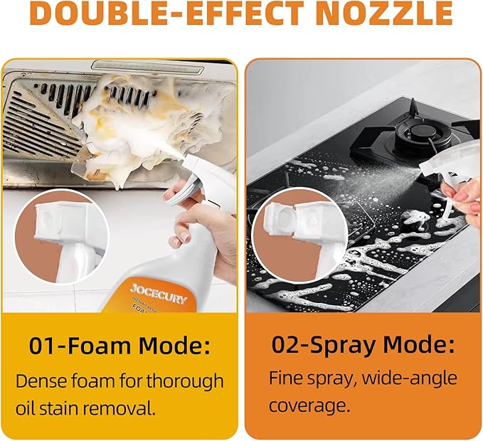 Jocecury 500ml Powerful Kitchen Degreaser Foam Spray – Multipurpose Grease Remover for Pots, Pans, Countertops & Appliances with 2-in-1 No-Rinse Dual Spray Nozzle (Lemon)