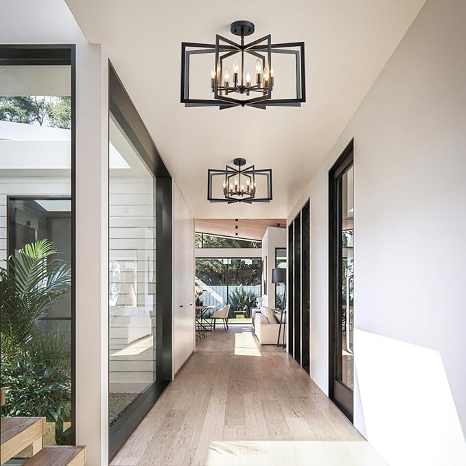 Black Chandelier 8-Light, 26" Modern Industrial Dining Room Light Fixture, Large Geometric Pendant Lighting for Living Room Kitchen Foyer Office, Large Hanging Chandelier