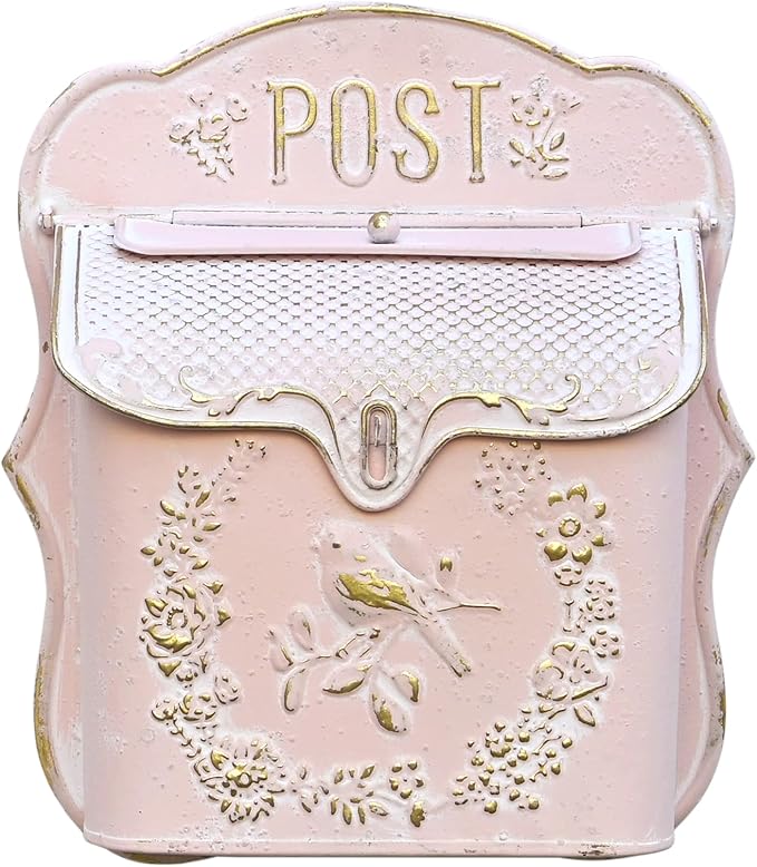 Mailbox Wall Mount Mailboxes for Outside Vintage Mail Boxes for House Outside Metal Drop Box Antique Style Nostalgic Charm Home Decorative, Bird Pattern, Pink