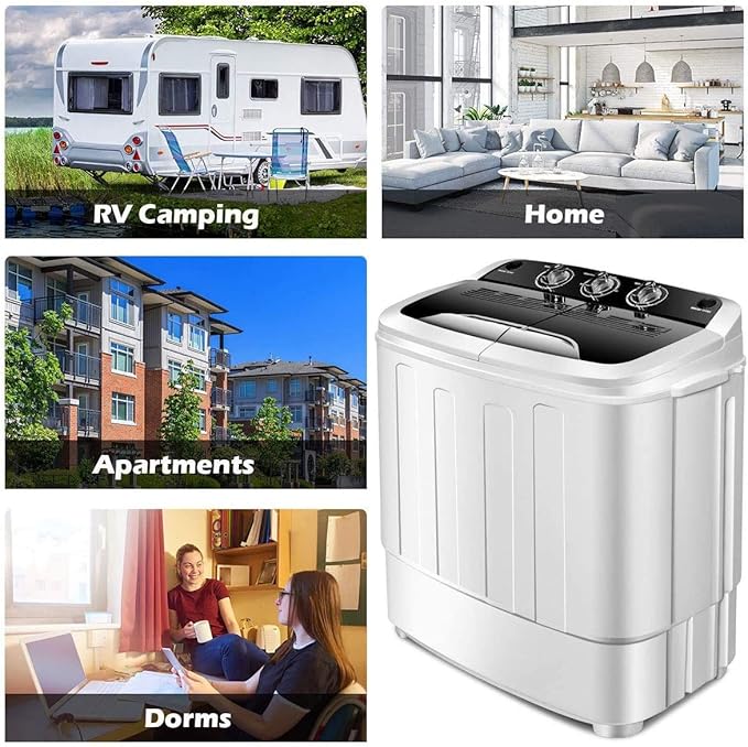 Clothes Washing Machines,SAFEPLUS Compact Mini Twin Tub Versatile Washer Machine with 8 lbs Washing &5 lbs Spin Dryer Load Cappacity Gravity Drain Pump and Drain Hose for Apartment Black