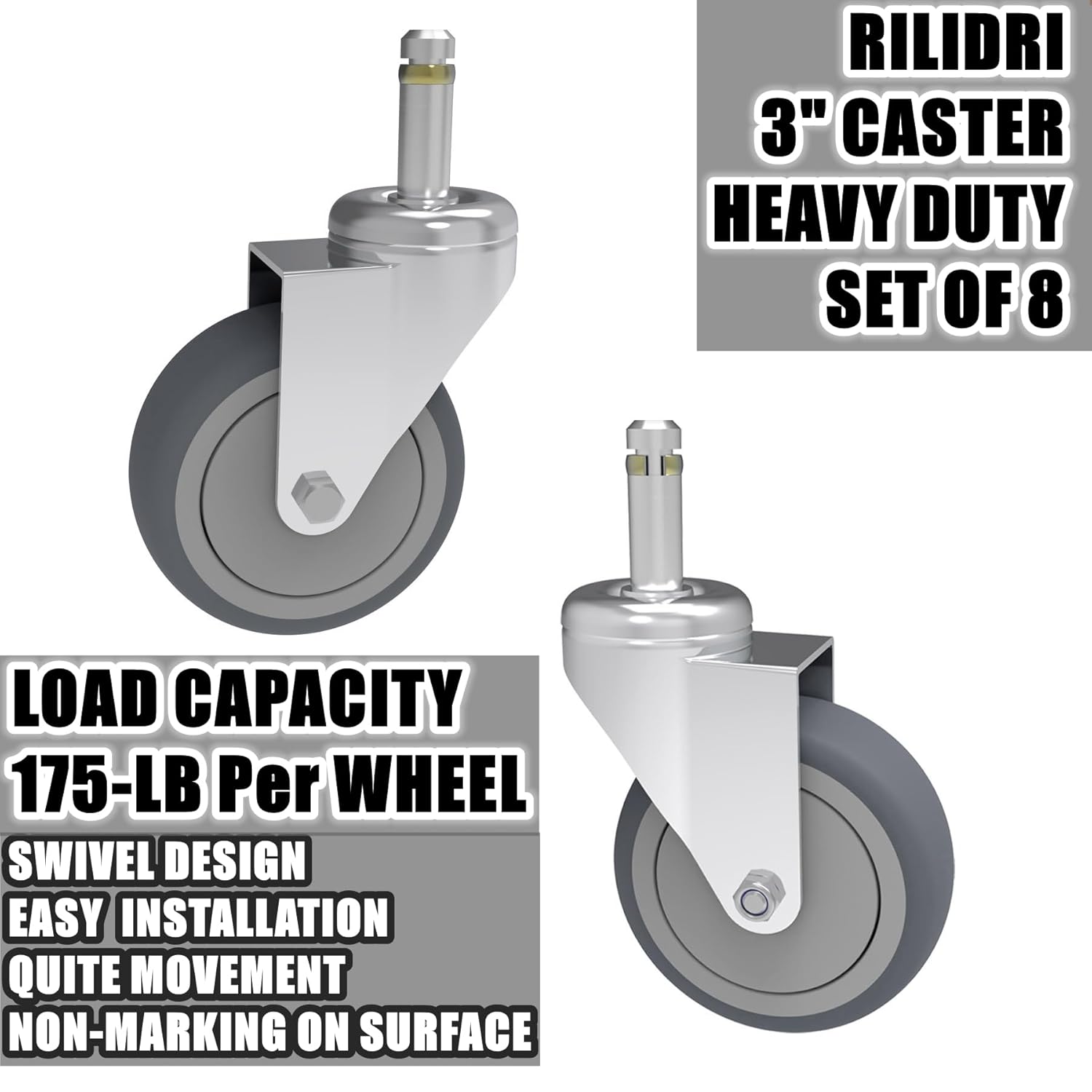 3-Inch Swivel Stem Caster, 7/16-Inch Stem Diameter Rubber Wheel, Heavy Duty TPR Replacement Wheels for Rubbermaid Mop Bucket Cart Grill Casters - 8 Pack