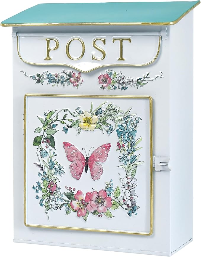 Mailbox Wall Mount Mailboxes for Outside Vintage Mail Boxes for House Outside Metal Drop Box Antique Style Nostalgic Charm Home Decorative, Butterfly Pattern, White