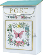 Mailbox Wall Mount Mailboxes for Outside Vintage Mail Boxes for House Outside Metal Drop Box Antique Style Nostalgic Charm Home Decorative, Butterfly Pattern, White