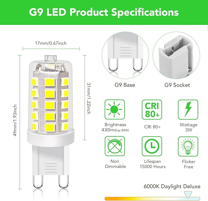 BUBO G9 LED Bulb 6000K Daylight 430 Lumens, 3W Equivalent 40W T4 G9 Halogen Replacement, 360°Beam Angle 120V Non-Dimmable No-Flicker G9 Light Bulbs for Crystal Chandelier Lighting, 10 Pack