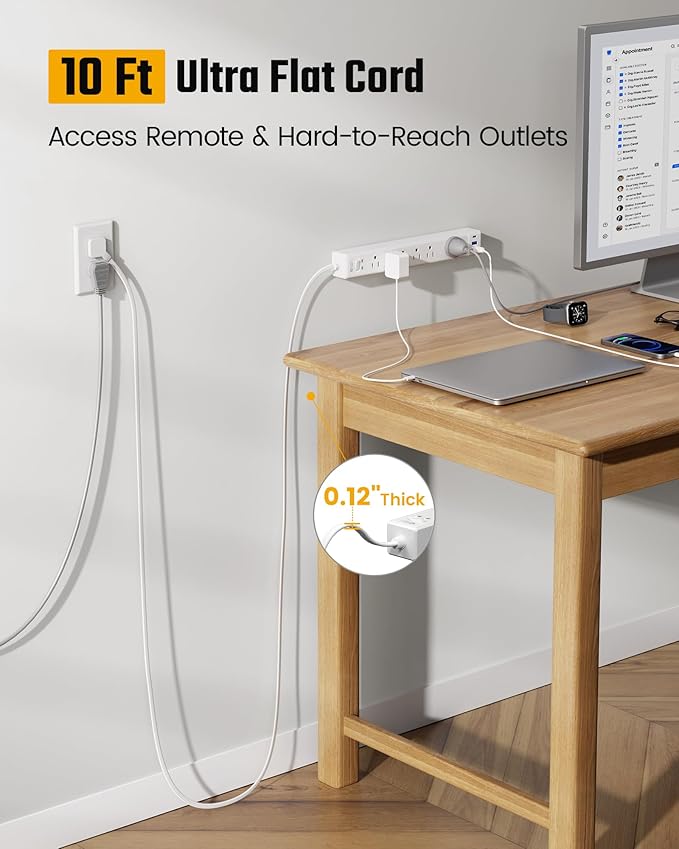 10Ft Extension Cord with Multiple Outlets, SUPERDANNY Flat Plug Surge Protector Power Strip 10 Ft Long Cord, 6 Outlets & 3 USB Ports, Charging Station for Home Office, College Dorm Room Essentials