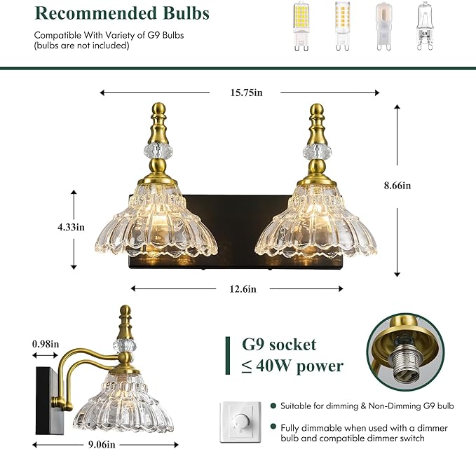 Vintage Bathroom Vanity Light, 2-Light Black Gold Vanity Lighting Fixture with Flower Glass Shade, Bathroom Lighting Fixtures Over Mirror