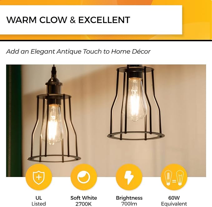 Hizashi LED Edison Bulbs Dimmable, E26 LED Bulb 60 watt, 2700K Soft Warm White, ST19 Vintage Light Bulbs, 95+CRI, UL Listed, 700LM 6W, Clear Glass, Pack of 6