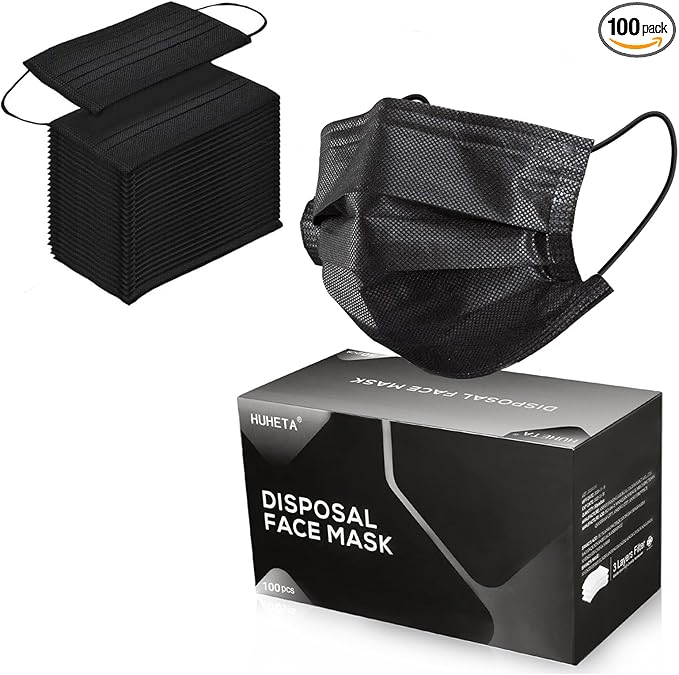 100PCs Black Disposable Face Mask 3-Ply Breathable & Comfortable Safety Mask, Protective Masks for Home, Office, School and Outdoors