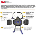 3M Respirator, Secure Click Half Face Reusable Respirator with Speaking Diaphragm and Push Button Seal Check, HF-802SD, Sweeping, Sanding, Grinding, Sawing, Dust, Medium