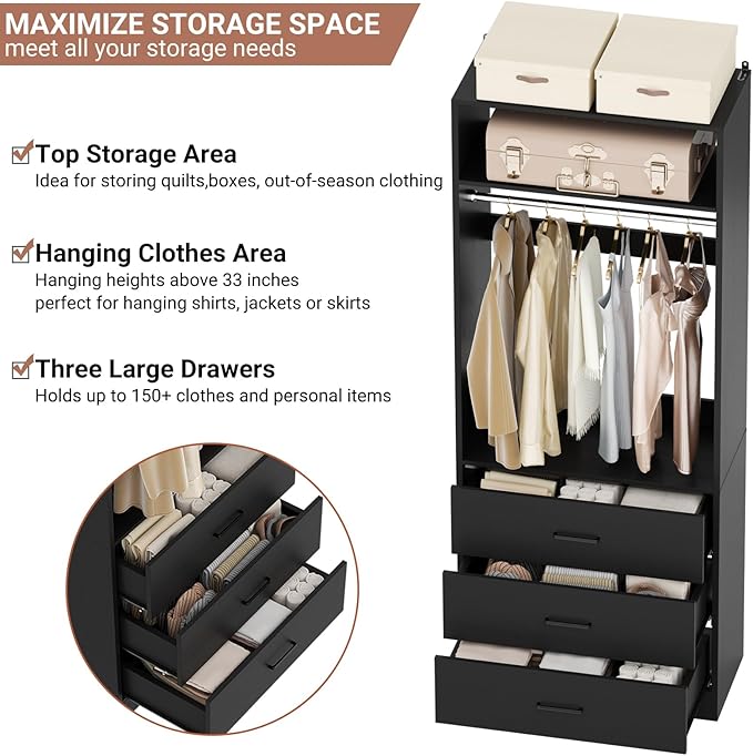 Freestanding 2FT Closet System with 3 Wood Drawers, 24" Closet Organizer System with Hanging Rod & Shelves, Walk-in Closet Systems for Small Closets, Black (24"L x 15" W x 80" H)