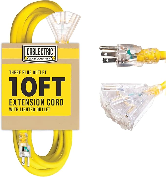 10 ft Heavy Duty Extension Cord with 3 Outlets, SJTW 10/3 Outdoor Extension Cord with Multiple Outlets 10ft with 3 Prongs Lighted Plug, 10ga Weatherproof Electric Cord, American Owned