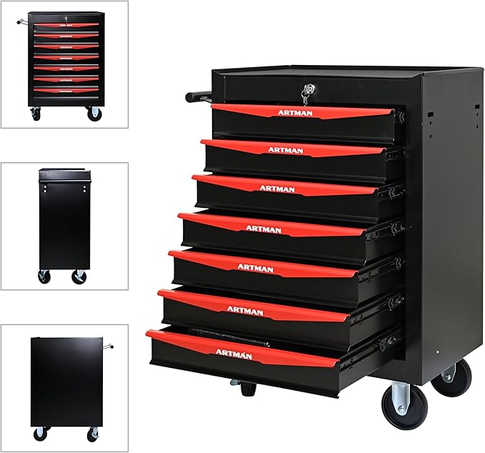 7-Drawer Steel Rolling Tool Cart with Wheels & Handle, Heavy-Duty Tool Chest Storage Cabinet for Garage and Workshop