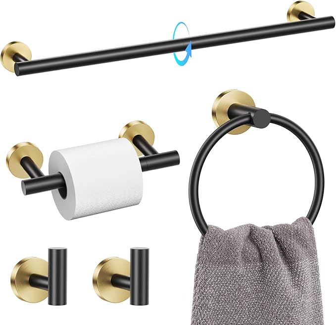 TQKAG Black and Gold 5 Piece Bathroom Hardware Accessories Set 23.6" SUS304 Stainless Steel Bathroom Towel Bar Holder Sets Double Post Pivoting Toilet Paper Holder Set Wall Mounted