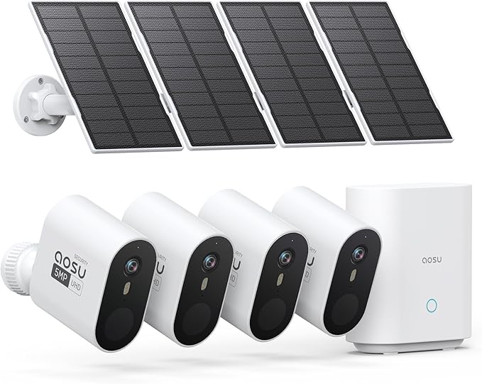AOSU 3K/5MP Solar Security Cameras Outdoor Wireless, Ultra HD Video Home Security System 4-Cam Kit with 166° Ultra Wide Angle, Cam-to-Cam Sync, Color Night Vision, Spotlight & Siren, No Monthly Fees