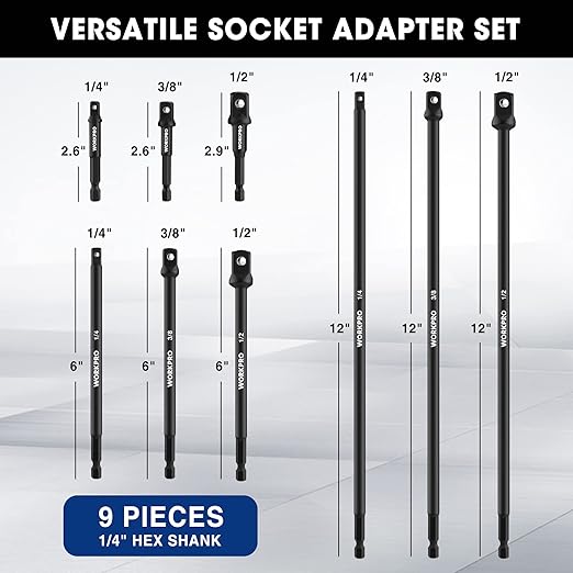 WORKPRO 9-Piece Socket Adapter Extension Set, 1/4, 3/8, 1/2-Inch Drive, 1/4-Inch Hex Shank, Impact Grade Extension Bit With Holder For Power Drill & Impact Driver