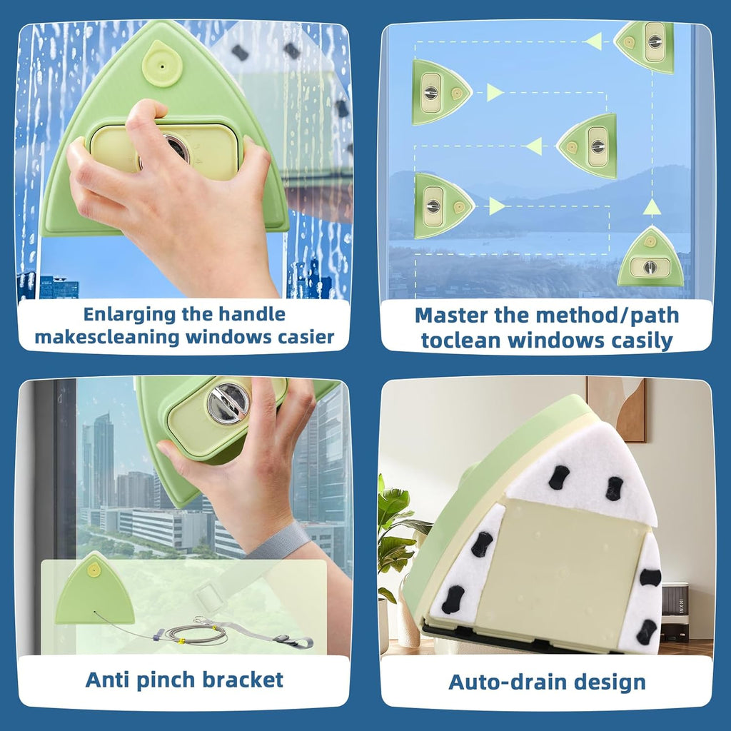 Double-Sided Magnetic Window Cleaner, Adjustable Magnetic Double Window Wiper, Equipment Cleaning Brush Tool, Suitable for 3-30mm Thickness of High-Rise and Automotive Glass Windows (1, Green)