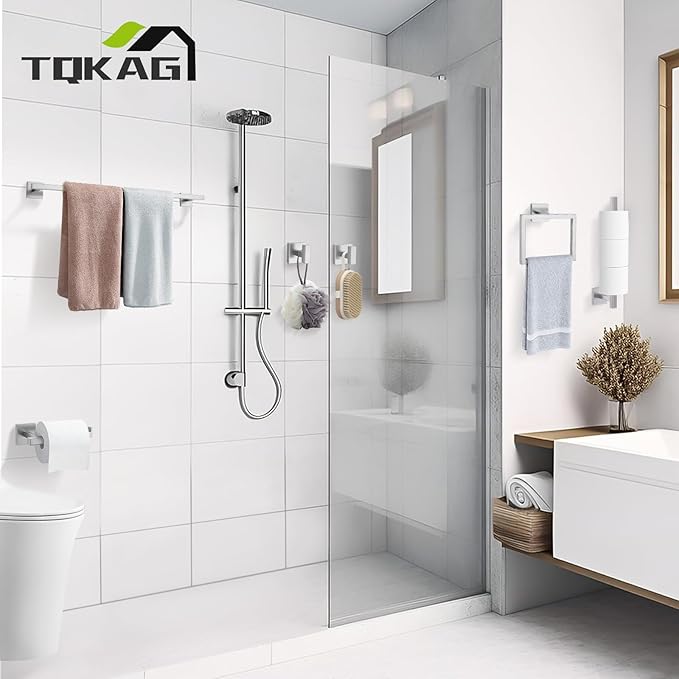 TQKAG 7-Pieces Brushed Nickel Bathroom Hardware Accessories Set 23.6" SUS304 Stainless Steel Towel Bar Set Toilet Paper Spare Rolls Storage Holder Wall Mounted