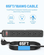 65 FT Outdoor Power Strip Weatherproof with Surge Protector - 6 AC Outlets, Unistyle 1700 J Lightning Protection, IPX4 Waterproof Extension Cord for Christmas Lights, Camping & Pool Parties Black