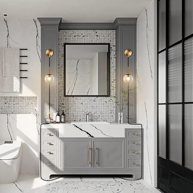 KCO Lighting Modern Plug in Wall Sconce Set of 2 Gold Glass Globe Bathroom Wall Sconce Mid Century Adjustable Wall Lamp Plug in for Corridor Bedroom Entryway (Amber & 2-Pack)