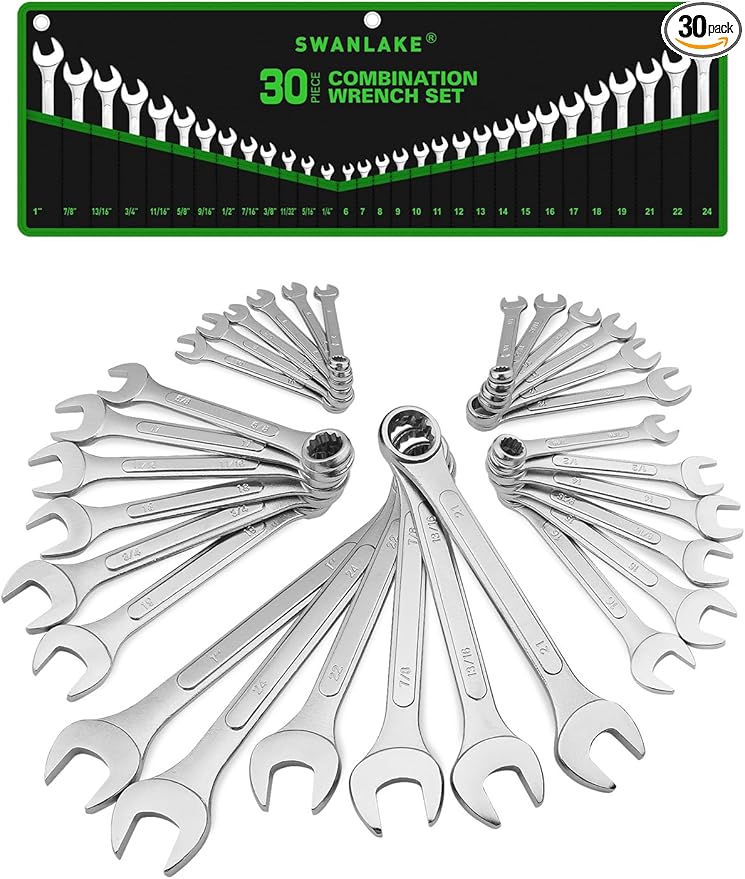 30-Piece Combination Wrench Set, Metric (6mm-24mm) & SAE (1''-1/4"), Standard Spanner Wrench Set, Mechanic Tool Sets with Rolling Pouch, Open End Wrenches for Household, Garage, Workshop, Auto Repairs