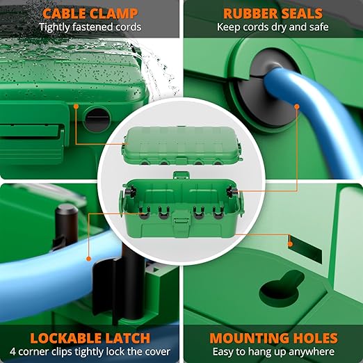 QUOBAS Outdoor Waterproof Electrical Box with 6 Cable Ports, IP54 Weatherproof Heavy-Duty Extension Cord Cover for Power Strips, Garden Power Tools, Holiday Lights, Green