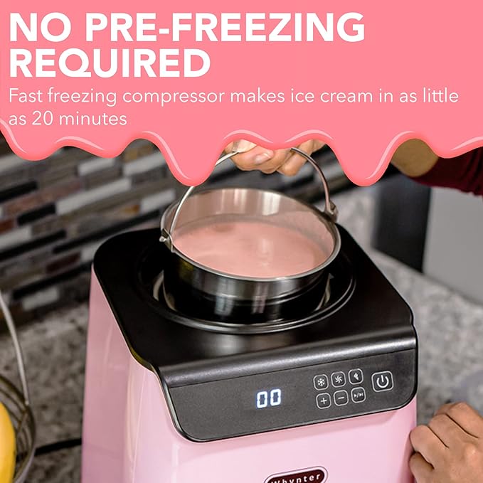 Whynter Ice Cream Maker Machine Automatic 1.28 Qt Upright with Built-In Compressor, LCD Digital Display & Timer, No Pre-Freezing, ICM-128BPS, Black/Pink