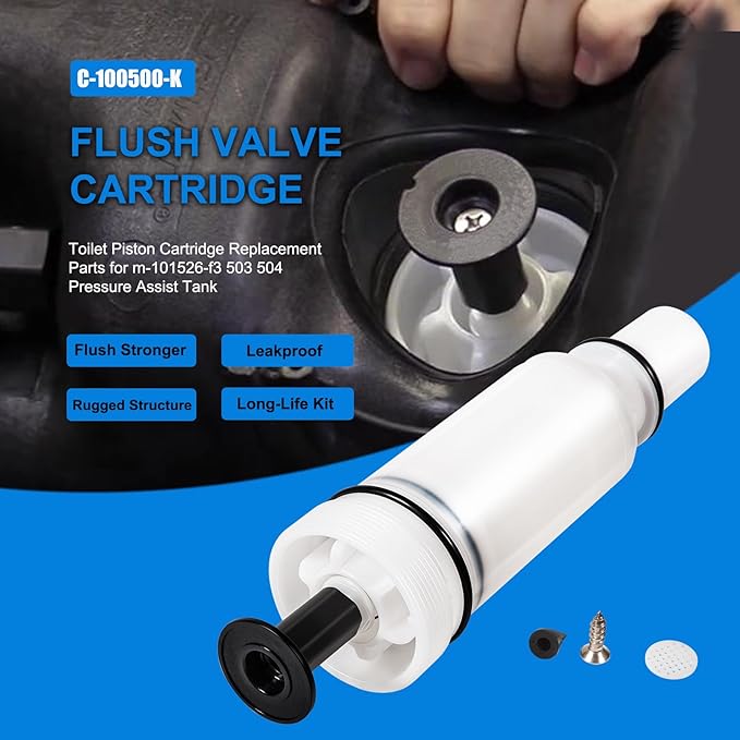 Flush Toilet Piston Replacement Parts C-100500-K Flush Valve Cartridge Assembly, for 500, 501, 501A, 501B, 503, 504 Series & M-101526-F3, M-101526-F4 Tank System Pressure Assist Repair Kit