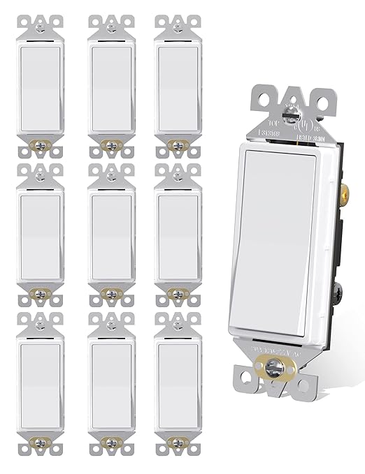 AIDA 10 Pack 3 Way Decorative Light Switch, 15Amp, 120/277 Volt, AC Decorator Rocker Paddle Wall Switch Replacement, UL Listed - Residential and Commercial Grade,Glossy White