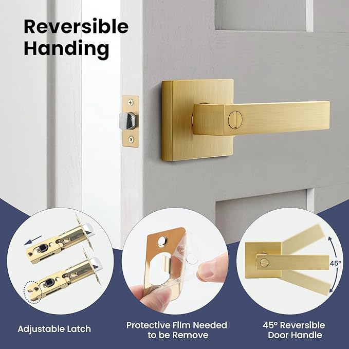 EHOMEWARE 2 Pack Gold Door Handles, Privacy Door Levers Bed and Bath Leverset Lockset, Satin Brass Finish, Universal Handing with Square Door Knobs