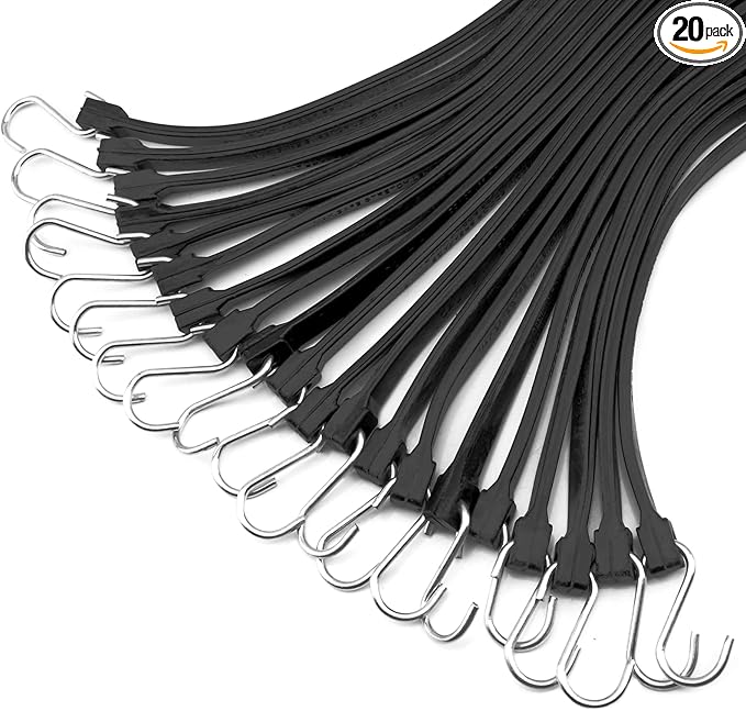 XSTRAP STANDARD 21" 100% EPDM Natural Rubber Tarp Straps, Black Long Bungee Cords with Metal S Hooks Tie Down Straps for Outdoor, Tarp Covers, Canvas Canopies, Motorcycle, and Cargo - 20 Pack