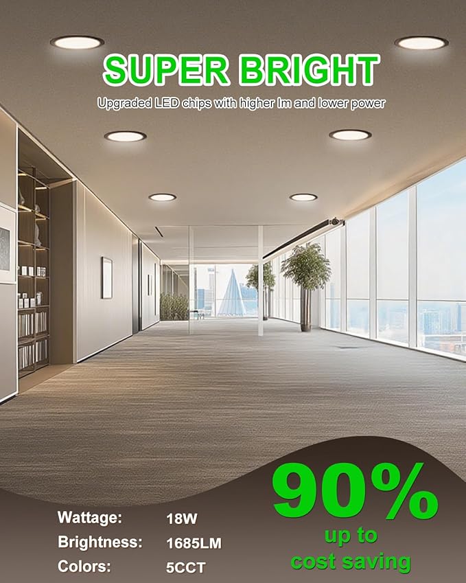 zouzai 8 Inch Black 18W Eqv 150W 1685LM 5CCT Ultra-Thin LED Recessed Ceiling Light with Junction Box 2700K/3000K/3500K/4000K/5000K Selectable, Dimmable ETL and Energy Star Certified【6 Pack 】