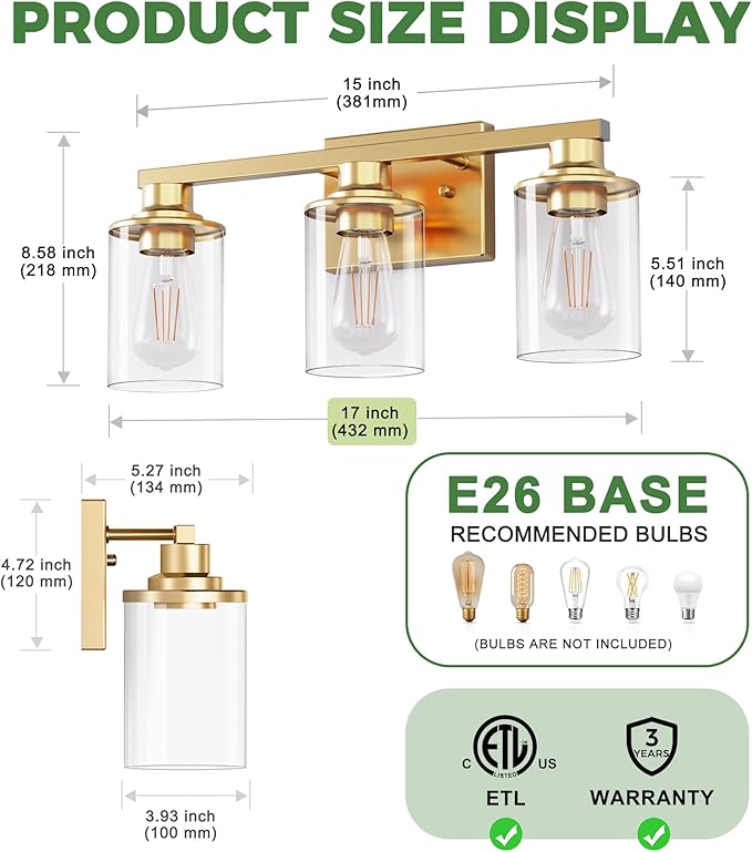 DORESshop 17 Inch Bathroom Light Fixtures, 3-Light Copper Bathroom Lighting Fixtures Over Mirror with Clear Glass Shade, Vanity Lights for Living Room Bedroom