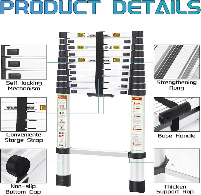 RIKADE Telescoping Ladder 10.5FT & Attic Ladder, Heavy Duty Aluminum with Non-Slip Feet, 330lb Capacity for RV, Attic, Roof & Multi-Surface Use